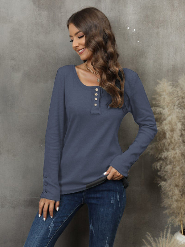 Button Vest Color V-Neck Long Sleeve T-Shirt Top BLUE ZONE PLANET