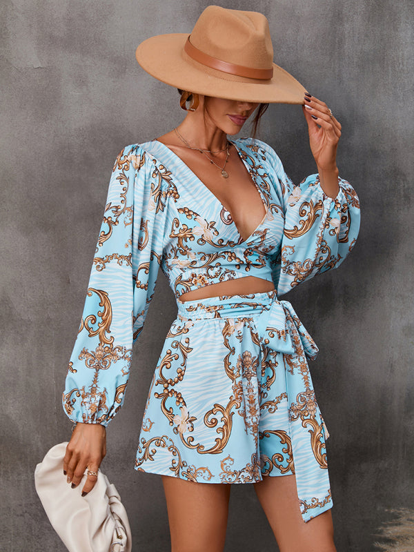 Blue Zone Planet | hollowed-out long-sleeved shorts V-neck jumpsuit BLUE ZONE PLANET