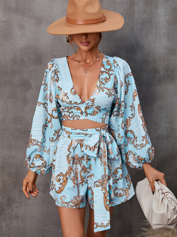 Blue Zone Planet | hollowed-out long-sleeved shorts V-neck jumpsuit BLUE ZONE PLANET