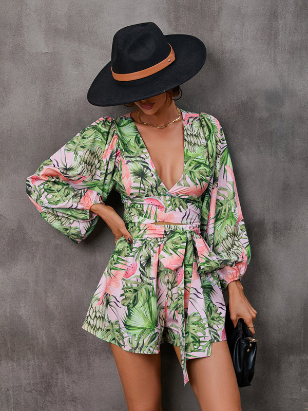 Blue Zone Planet |  hollowed-out long-sleeved shorts V-neck jumpsuit BLUE ZONE PLANET