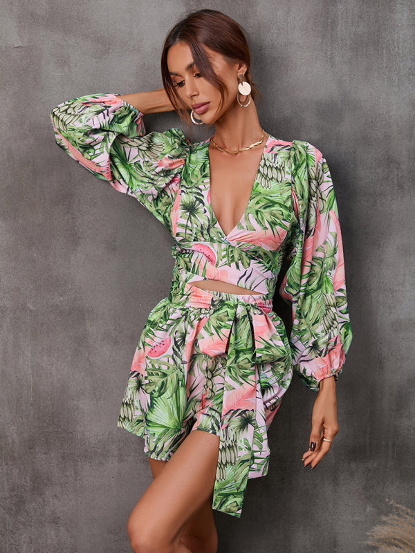 Blue Zone Planet |  hollowed-out long-sleeved shorts V-neck jumpsuit BLUE ZONE PLANET