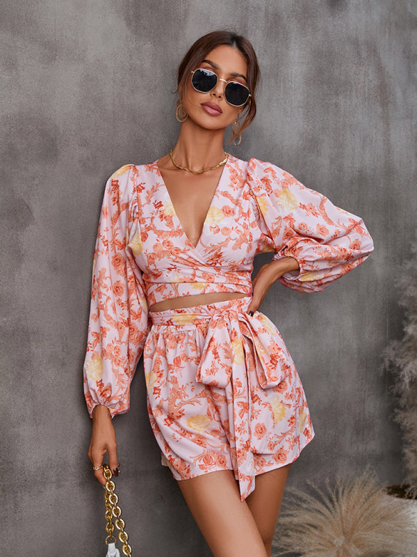 Blue Zone Planet |  hollowed-out long-sleeved shorts V-neck jumpsuit BLUE ZONE PLANET