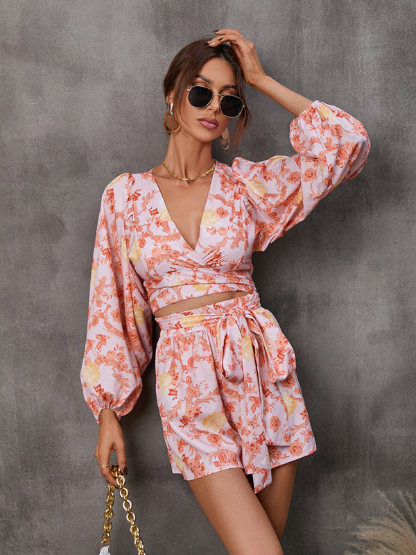 Blue Zone Planet |  hollowed-out long-sleeved shorts V-neck jumpsuit BLUE ZONE PLANET