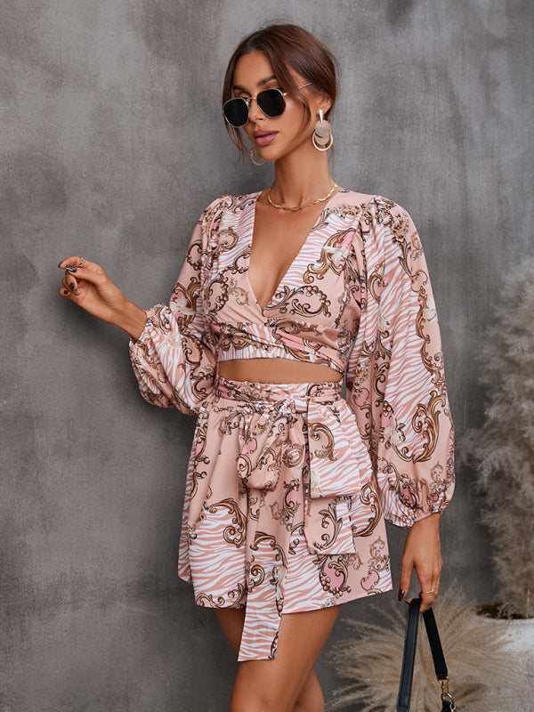 Blue Zone Planet |  hollowed-out long-sleeved shorts V-neck jumpsuit BLUE ZONE PLANET