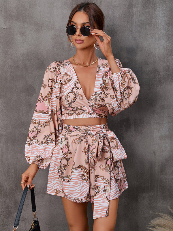 Blue Zone Planet |  hollowed-out long-sleeved shorts V-neck jumpsuit BLUE ZONE PLANET