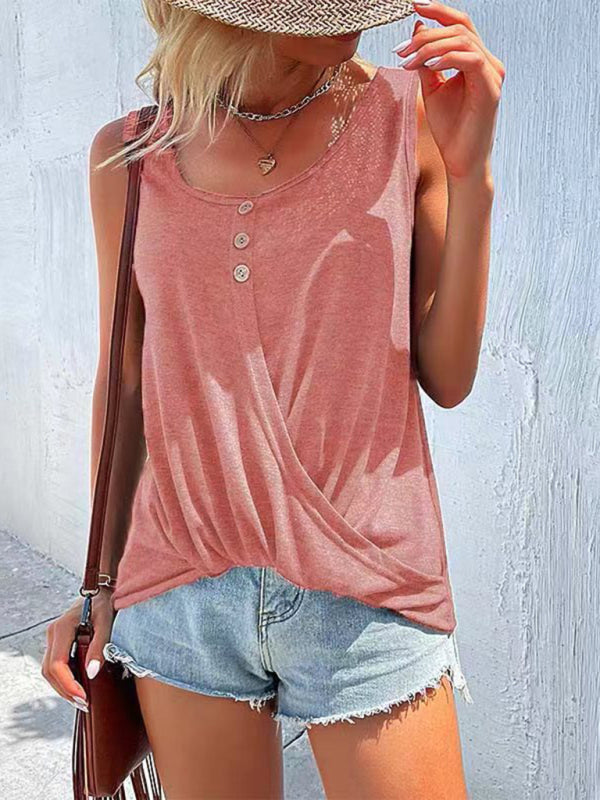 Blue Zone Planet | Solid Color Button Knot Crewneck Tank Top BLUE ZONE PLANET