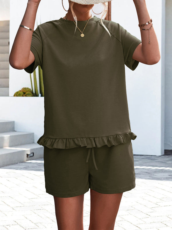 Blue Zone Planet | Knitted Round Neck Ruffle Short Sleeve Shorts Two-piece Set BLUE ZONE PLANET