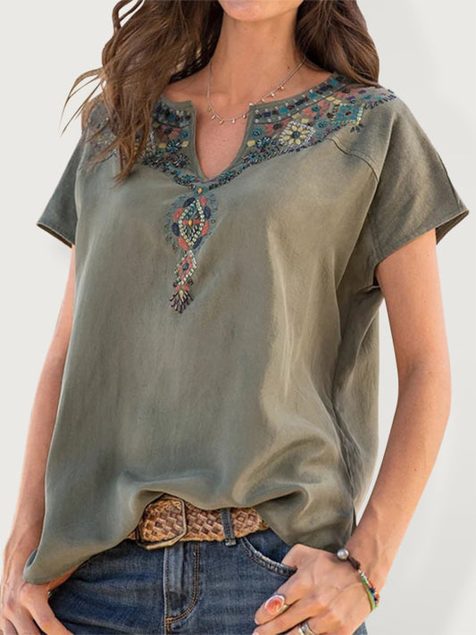 Blue Zone Planet | Woven Western Ethnic Style Loose Short Sleeve Top BLUE ZONE PLANET