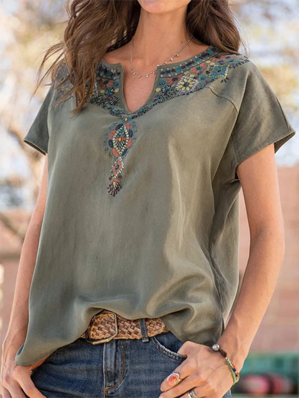 Blue Zone Planet | Woven Western Ethnic Style Loose Short Sleeve Top BLUE ZONE PLANET