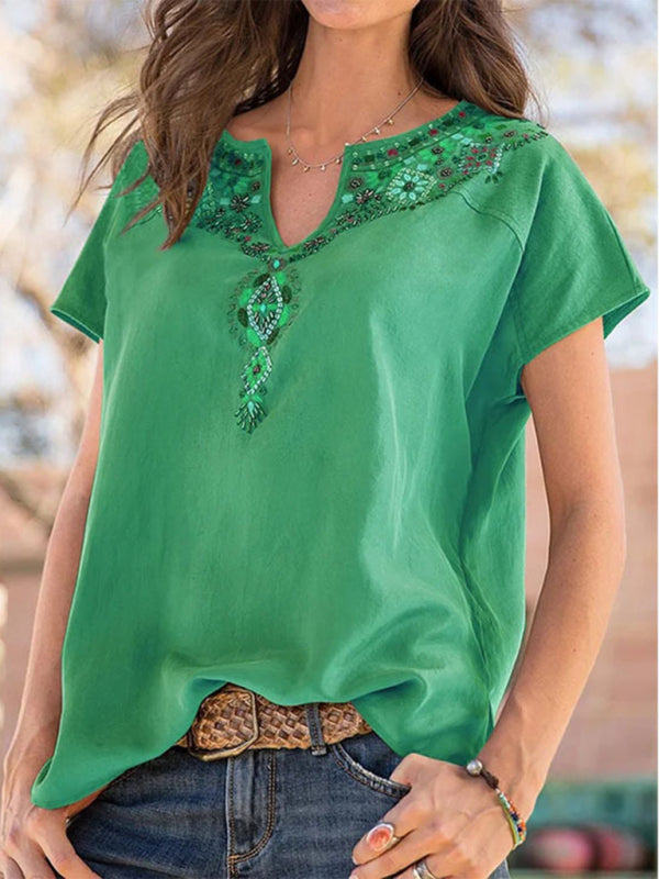 Blue Zone Planet | Woven Western Ethnic Style Loose Short Sleeve Top BLUE ZONE PLANET