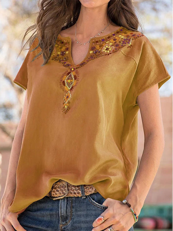 Blue Zone Planet | Woven Western Ethnic Style Loose Short Sleeve Top BLUE ZONE PLANET