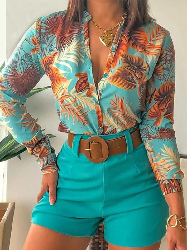 Blue Zone Planet | Digital Printing Stand Collar Long Sleeve Shirt Ladies Set BLUE ZONE PLANET