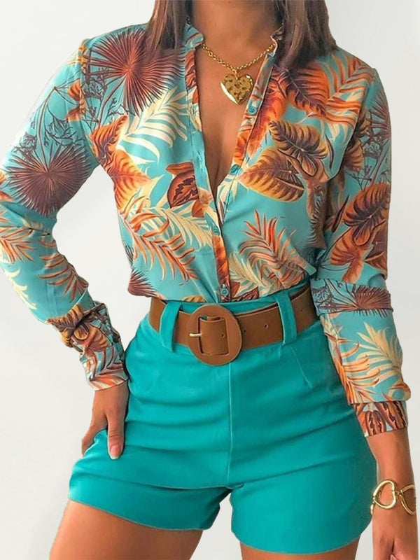 Blue Zone Planet | Digital Printing Stand Collar Long Sleeve Shirt Ladies Set BLUE ZONE PLANET