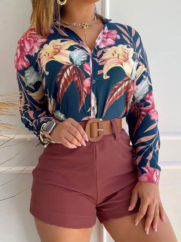 Blue Zone Planet | Digital Printing Stand Collar Long Sleeve Shirt Ladies Set BLUE ZONE PLANET