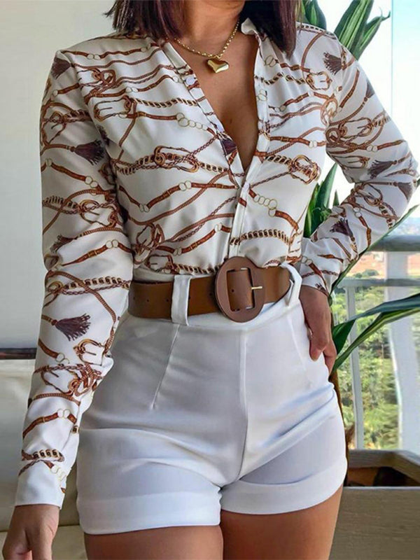 Blue Zone Planet | Digital Printing Stand Collar Long Sleeve Shirt Ladies Set BLUE ZONE PLANET