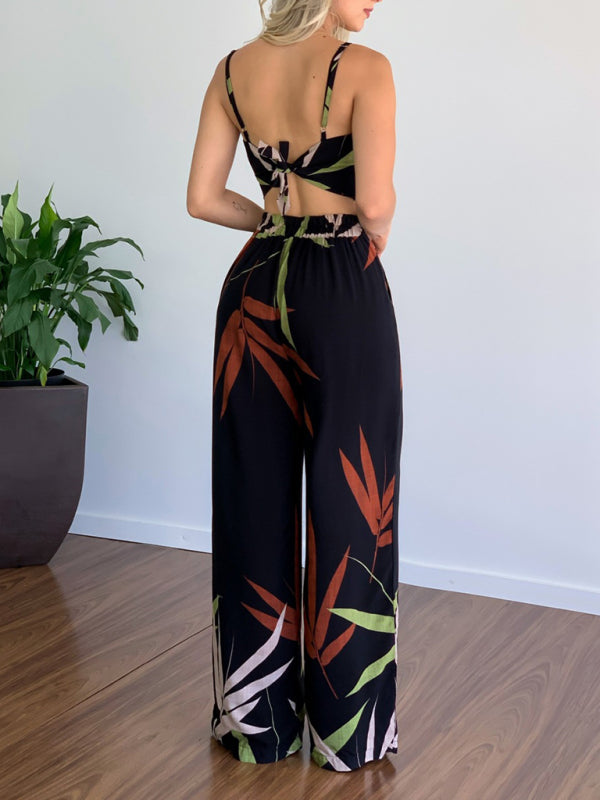 Blue Zone Planet | Linen-like suit V-neck high-waist printed wide-leg pants two-piece set BLUE ZONE PLANET