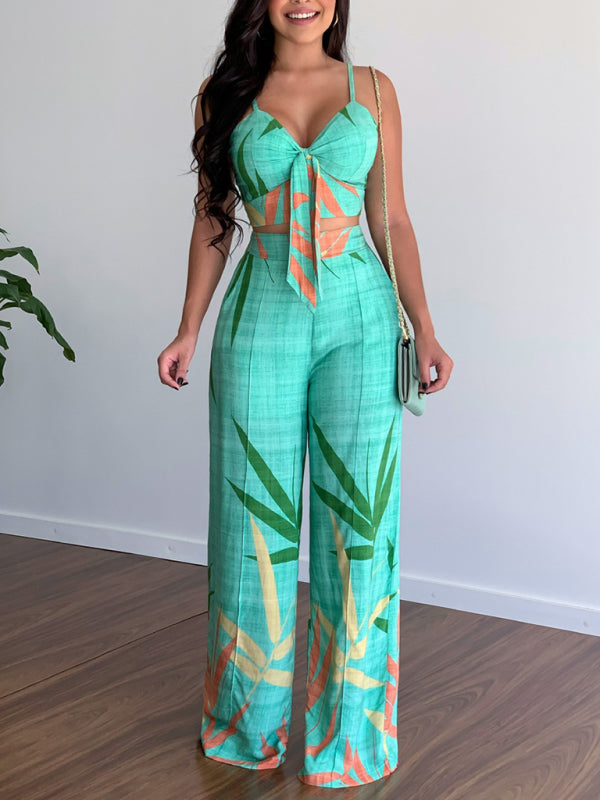 Blue Zone Planet | Linen-like suit V-neck high-waist printed wide-leg pants two-piece set BLUE ZONE PLANET
