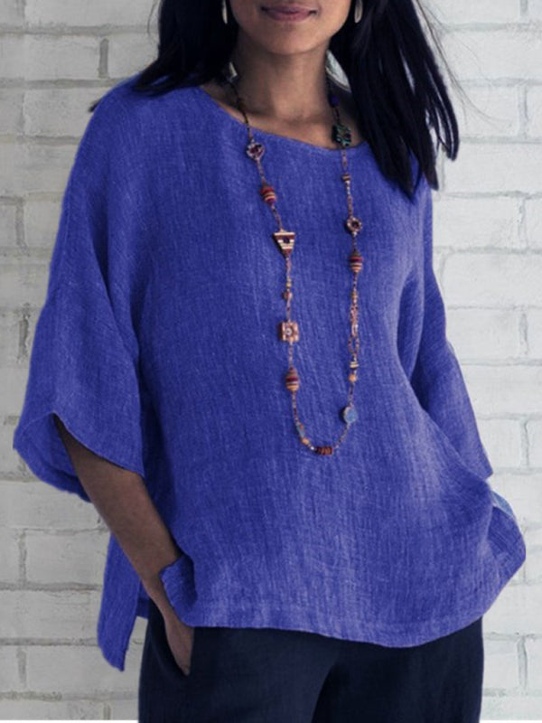 Blue Zone Planet | Foreign trade women's three-quarter sleeve round neck cotton linen shirt top BLUE ZONE PLANET