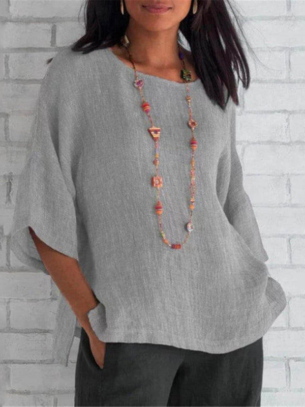 Blue Zone Planet | Foreign trade women's three-quarter sleeve round neck cotton linen shirt top BLUE ZONE PLANET