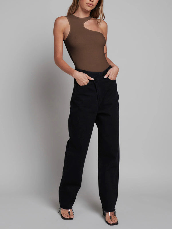 Blue Zone Planet | Aria's knitted ribbed tight sleeveless hollow solid color jumpsuit BLUE ZONE PLANET