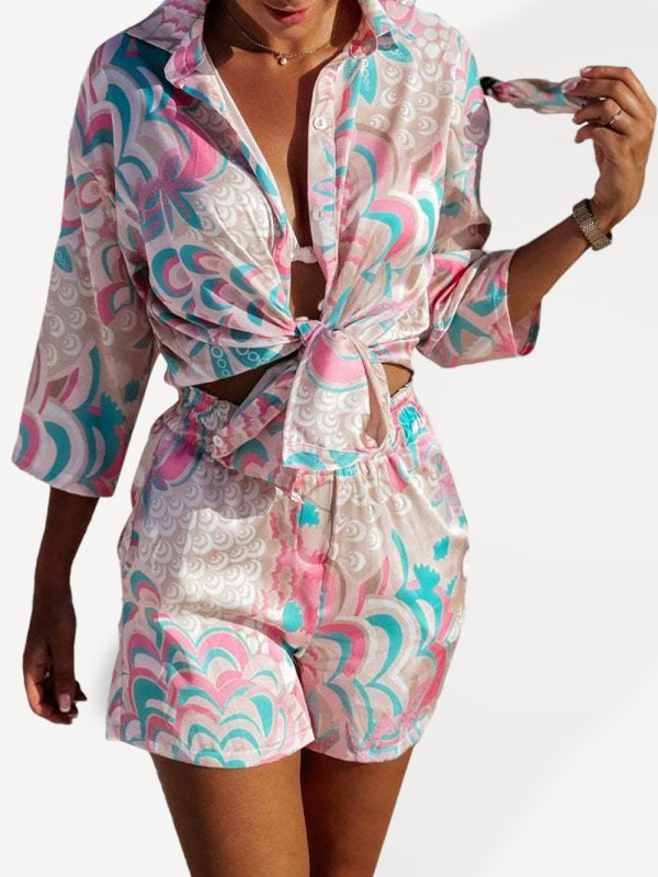 Blue Zone Planet | woven flower holiday style long-sleeved shorts two-piece set BLUE ZONE PLANET