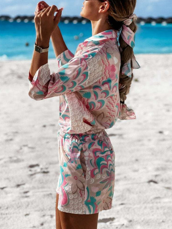 Blue Zone Planet | woven flower holiday style long-sleeved shorts two-piece set BLUE ZONE PLANET