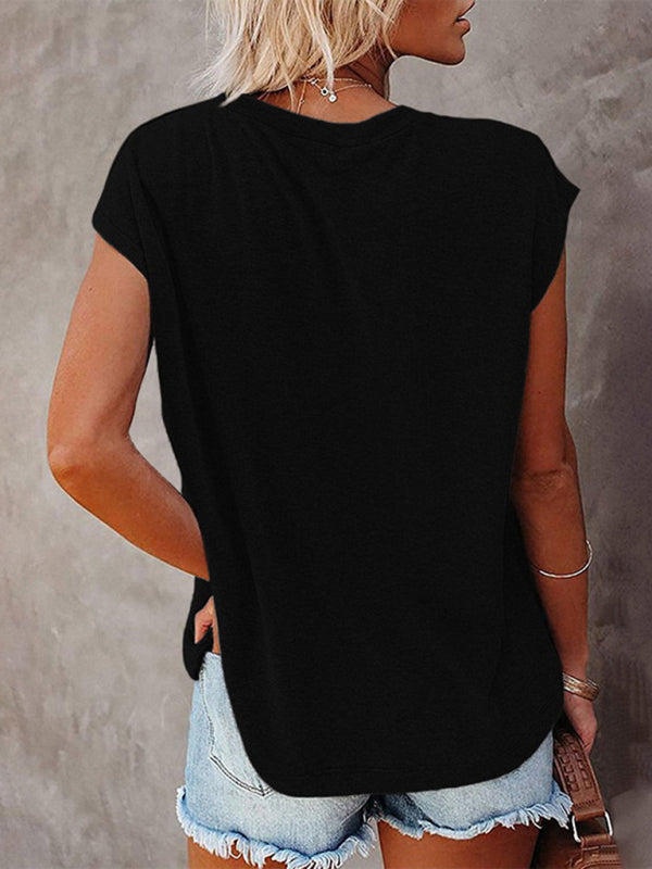 Blue Zone Planet | Tops Solid Color Pocket Off Shoulder Round Neck Short Sleeve T-Shirt BLUE ZONE PLANET