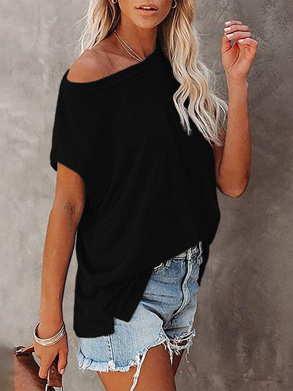 Blue Zone Planet | Tops Solid Color Pocket Off Shoulder Round Neck Short Sleeve T-Shirt BLUE ZONE PLANET