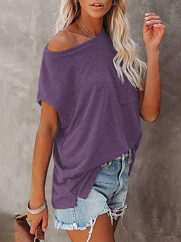 Blue Zone Planet | Tops Solid Color Pocket Off Shoulder Round Neck Short Sleeve T-Shirt BLUE ZONE PLANET