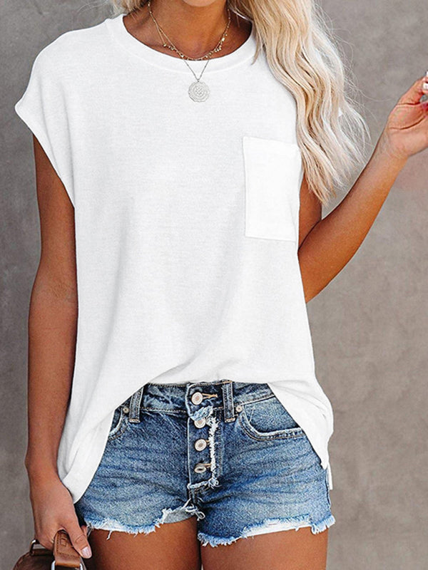 Blue Zone Planet | Tops Solid Color Pocket Off Shoulder Round Neck Short Sleeve T-Shirt BLUE ZONE PLANET