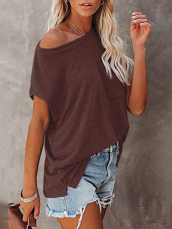 Blue Zone Planet | Tops Solid Color Pocket Off Shoulder Round Neck Short Sleeve T-Shirt BLUE ZONE PLANET