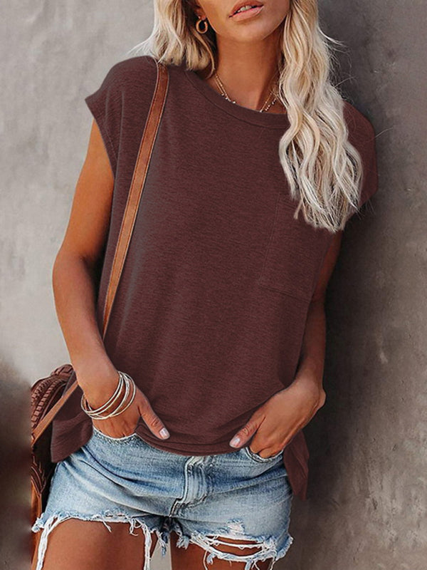 Blue Zone Planet | Tops Solid Color Pocket Off Shoulder Round Neck Short Sleeve T-Shirt BLUE ZONE PLANET