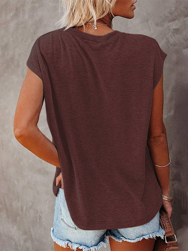 Blue Zone Planet | Tops Solid Color Pocket Off Shoulder Round Neck Short Sleeve T-Shirt BLUE ZONE PLANET
