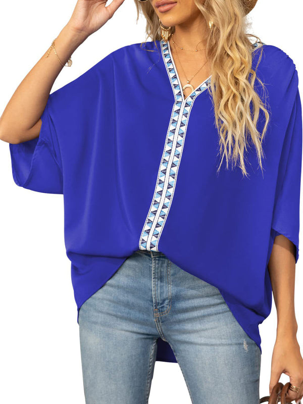 Blue Zone Planet | Dolman Sleeve Chiffon V-Neck Short Sleeve Shirt Shirt BLUE ZONE PLANET