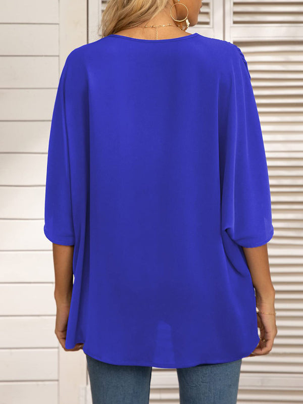 Blue Zone Planet | Dolman Sleeve Chiffon V-Neck Short Sleeve Shirt Shirt BLUE ZONE PLANET