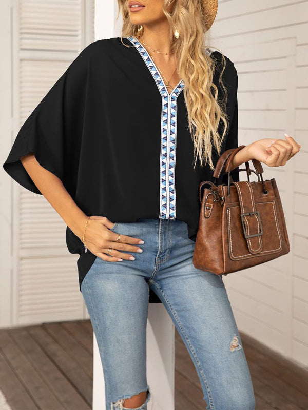 Blue Zone Planet | Dolman Sleeve Chiffon V-Neck Short Sleeve Shirt Shirt BLUE ZONE PLANET