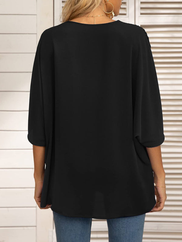 Blue Zone Planet | Dolman Sleeve Chiffon V-Neck Short Sleeve Shirt Shirt BLUE ZONE PLANET