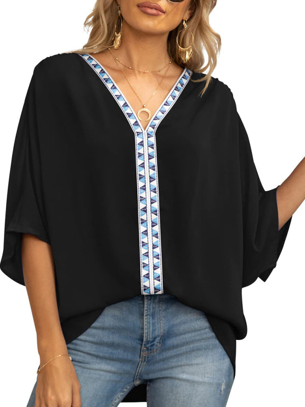 Blue Zone Planet | Dolman Sleeve Chiffon V-Neck Short Sleeve Shirt Shirt BLUE ZONE PLANET