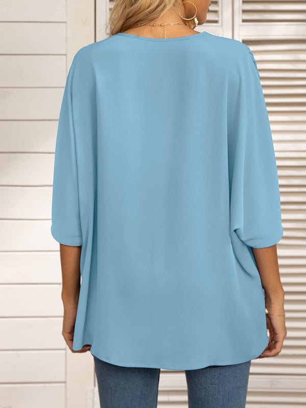 Blue Zone Planet | Dolman Sleeve Chiffon V-Neck Short Sleeve Shirt Shirt BLUE ZONE PLANET