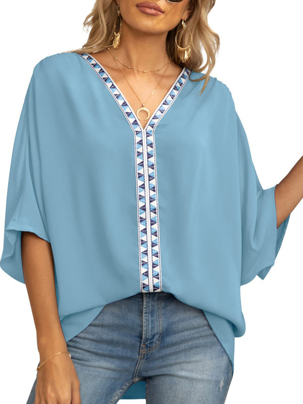 Blue Zone Planet | Dolman Sleeve Chiffon V-Neck Short Sleeve Shirt Shirt BLUE ZONE PLANET