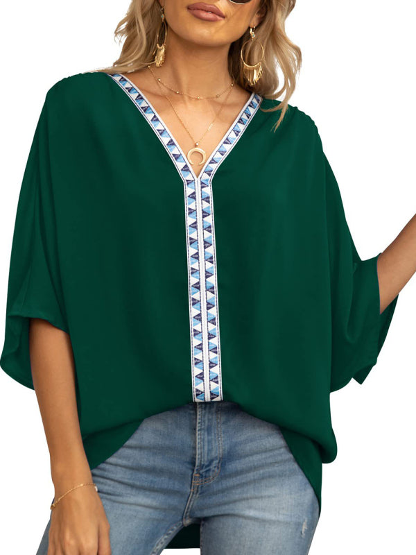 Blue Zone Planet | Dolman Sleeve Chiffon V-Neck Short Sleeve Shirt Shirt BLUE ZONE PLANET