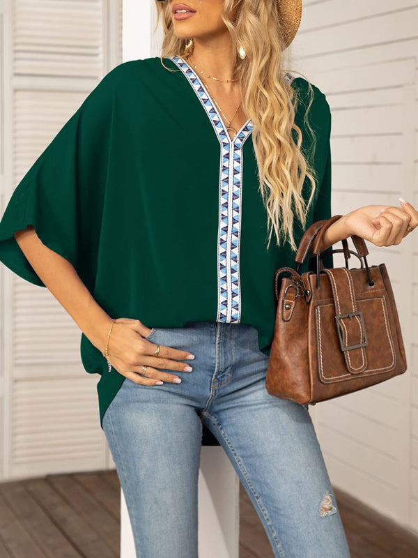 Blue Zone Planet | Dolman Sleeve Chiffon V-Neck Short Sleeve Shirt Shirt BLUE ZONE PLANET