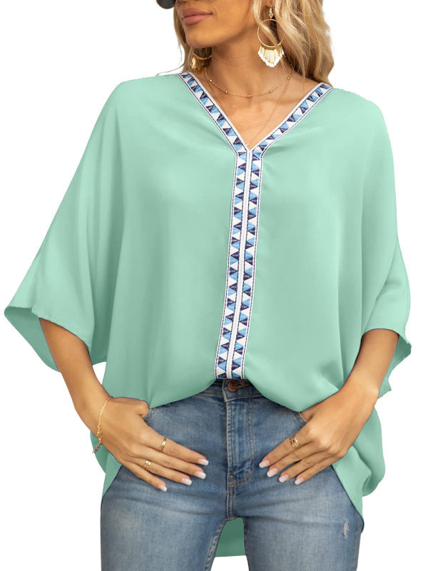 Blue Zone Planet | Dolman Sleeve Chiffon V-Neck Short Sleeve Shirt Shirt BLUE ZONE PLANET