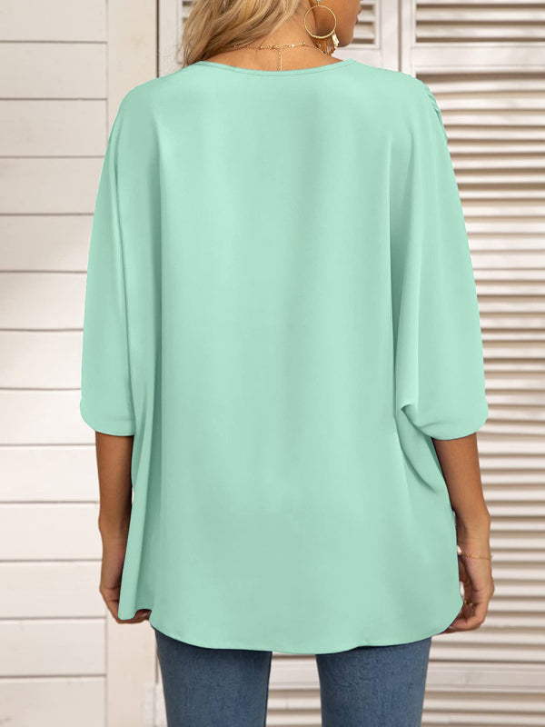 Blue Zone Planet | Dolman Sleeve Chiffon V-Neck Short Sleeve Shirt Shirt BLUE ZONE PLANET
