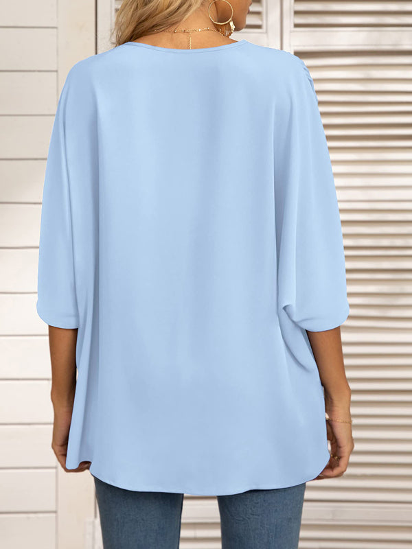 Blue Zone Planet | Dolman Sleeve Chiffon V-Neck Short Sleeve Shirt Shirt BLUE ZONE PLANET