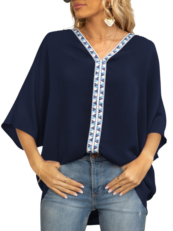 Blue Zone Planet | Dolman Sleeve Chiffon V-Neck Short Sleeve Shirt Shirt BLUE ZONE PLANET