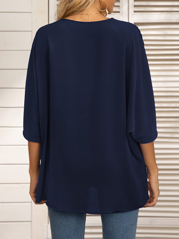 Blue Zone Planet | Dolman Sleeve Chiffon V-Neck Short Sleeve Shirt Shirt BLUE ZONE PLANET