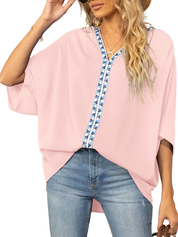Blue Zone Planet | Dolman Sleeve Chiffon V-Neck Short Sleeve Shirt Shirt BLUE ZONE PLANET