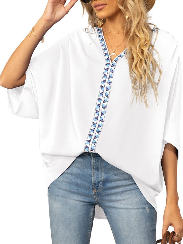 Blue Zone Planet | Dolman Sleeve Chiffon V-Neck Short Sleeve Shirt Shirt BLUE ZONE PLANET