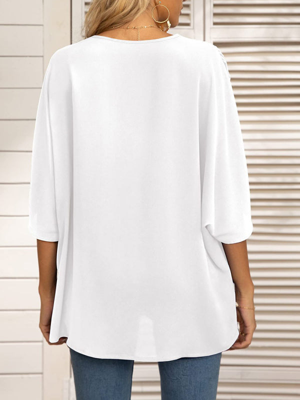Blue Zone Planet | Dolman Sleeve Chiffon V-Neck Short Sleeve Shirt Shirt BLUE ZONE PLANET